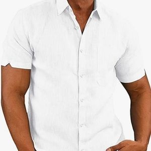 JEKAOYI Button Down Short Sleeve Linen Shirts for Men Summer Casual Cott…